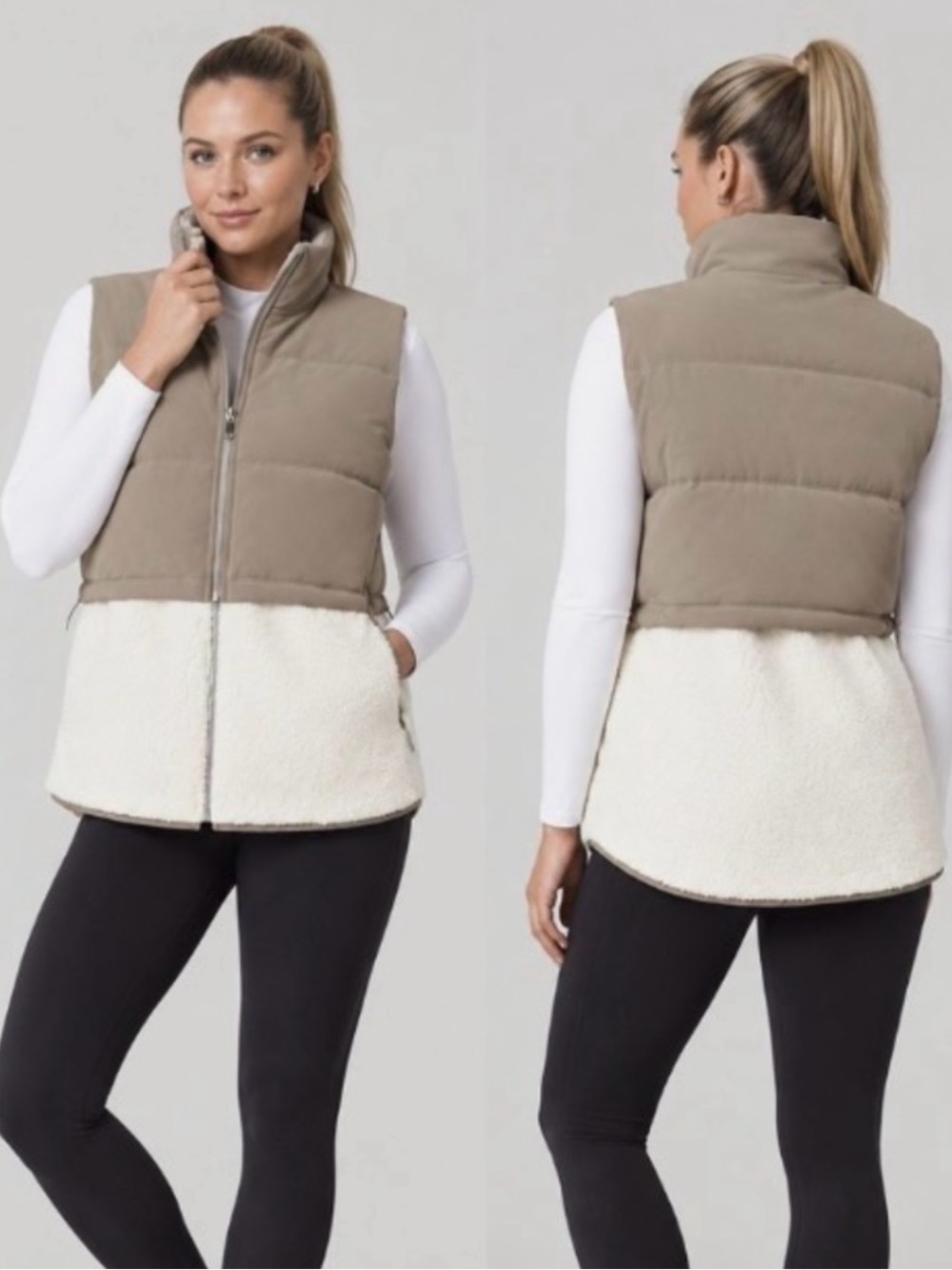 SPANX Taupe Puffer Vest with Off-White Sherpa Hem